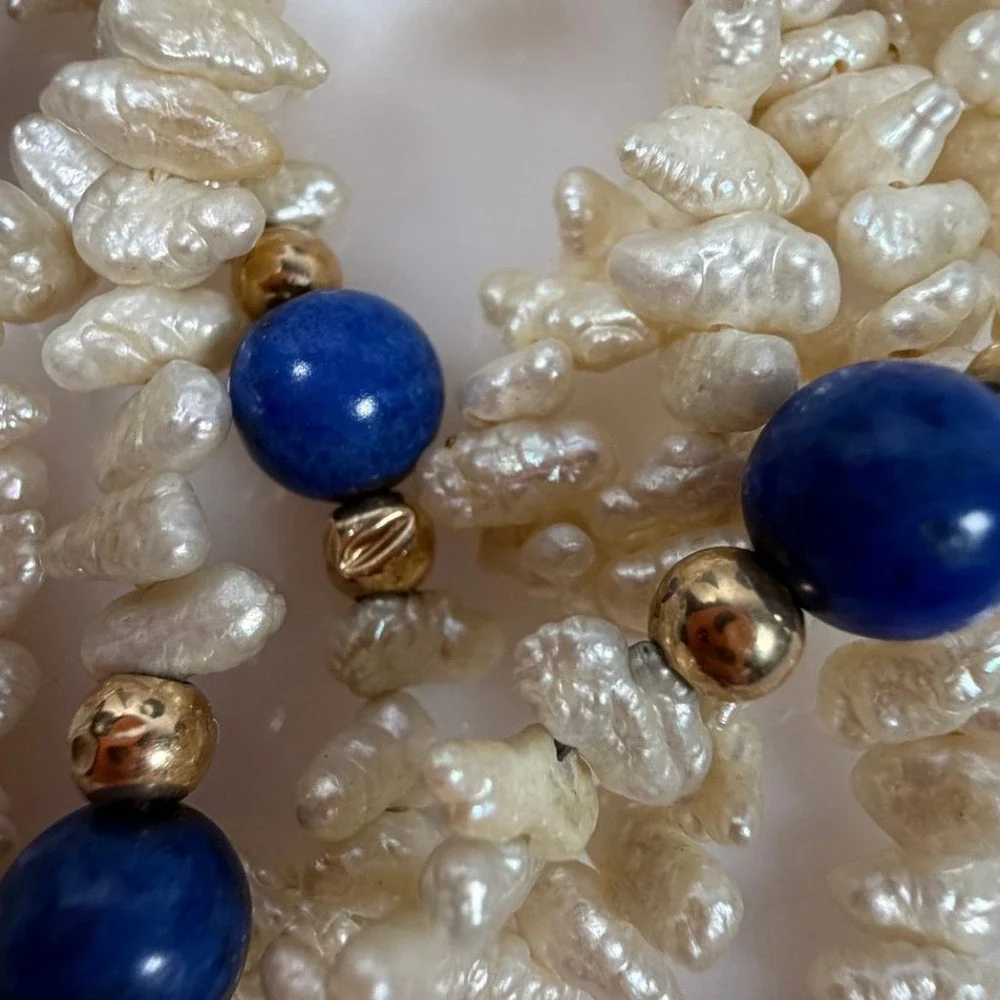 Vintage Rice Pearl Necklace Lapis Lazuli & 14K Gold Accent Beads 35